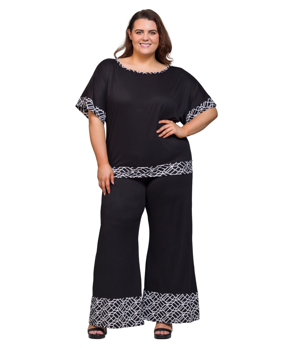 Plus Size Geometric Print Trim 2-Piece Top and Pants Set - Black