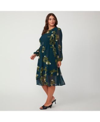 Plus Size Summit Bloom Navy Long Sleeve Midi Dress