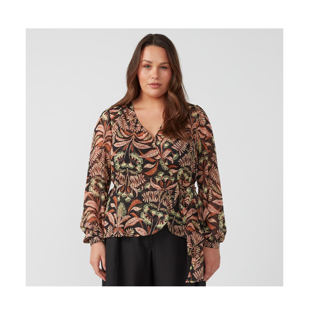 Thalia Blooms Neutral Beige Floral Long Sleeve Wrap Top - Print