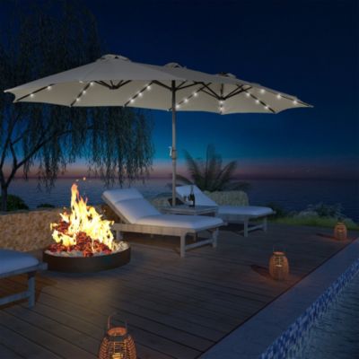 15 FT Double-Head Patio Umbrella with Base Included Large Outdoor Umbrella with Solar Detachable Lights Rectangular Crank Market Umbrella