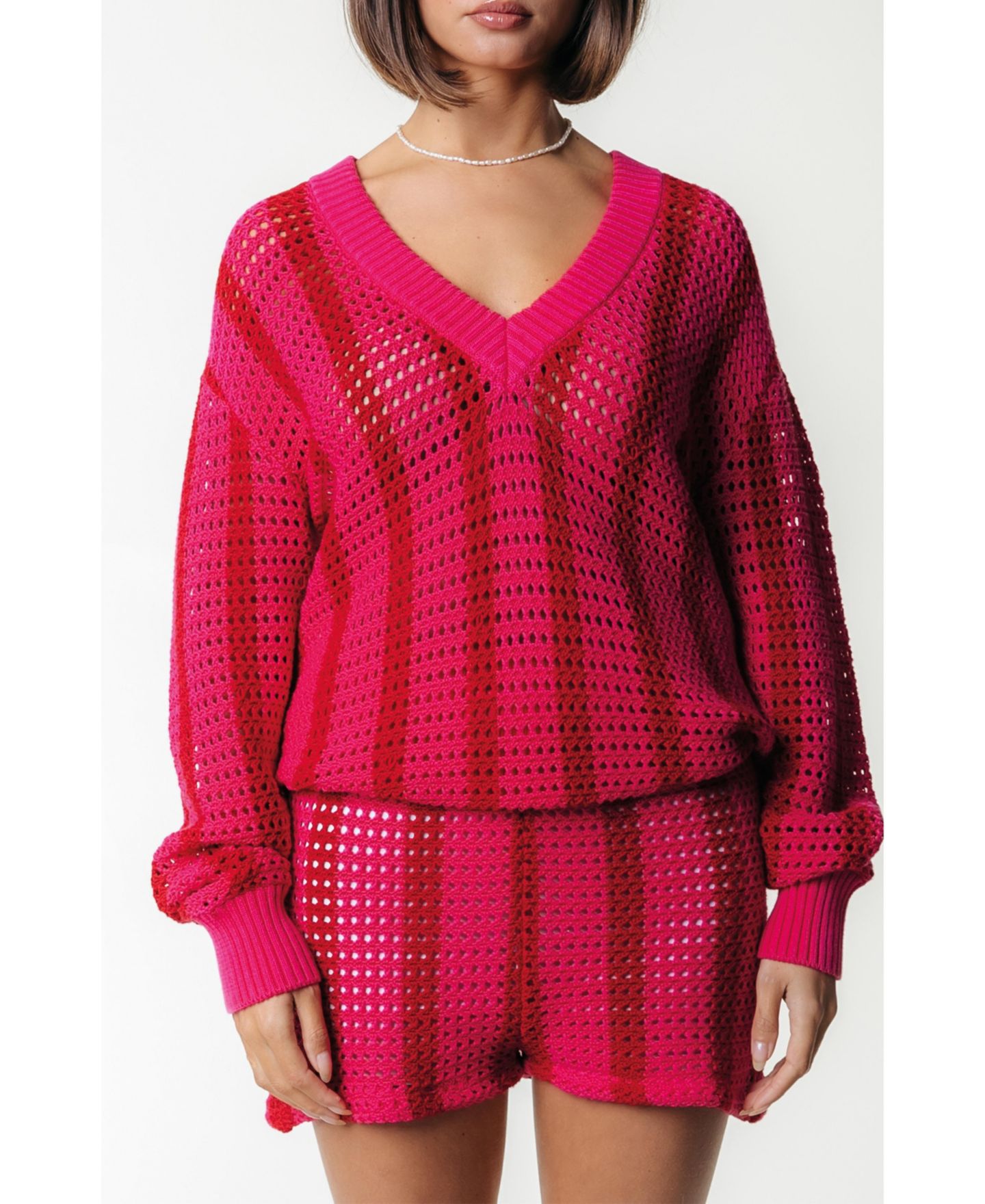 Женский свитер Colourful Rebel Lizza Crochet Stripe V-Neck, цвет: Средний яркий розовый — фото 1