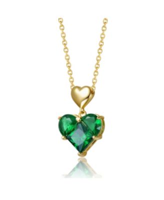 Sterling Silver 14k Gold Plated Green Cubic Zirconia Double Heart Pendant Necklace