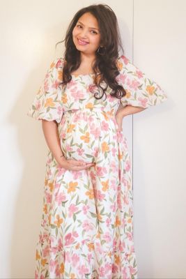 Maternity White Floral Puff Sleeve Maxi Dress