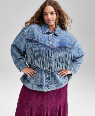 And Now This - Trendy Plus Size Fringe-Trim Cotton Denim Jacket