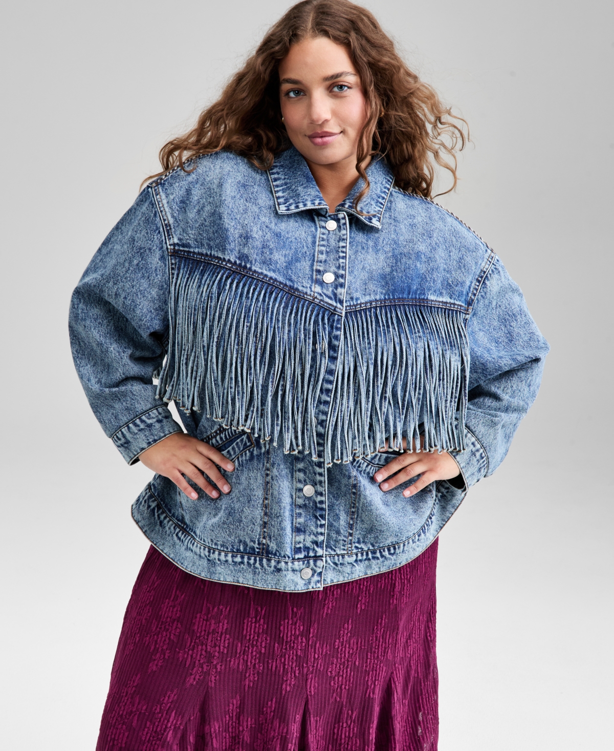 And Now This Trendy Plus Size Fringe-trim Cotton Denim Jacket, Macy's Exclusive In Blue