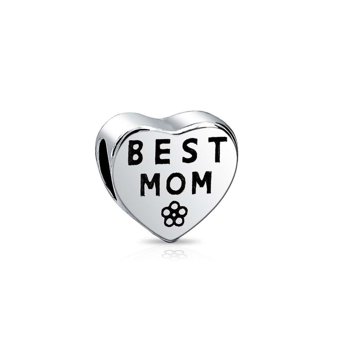 Heart Flower 'Best Mom' Charm Bead for Mother Sterling Silver Fits European Bracelet - Silver tone