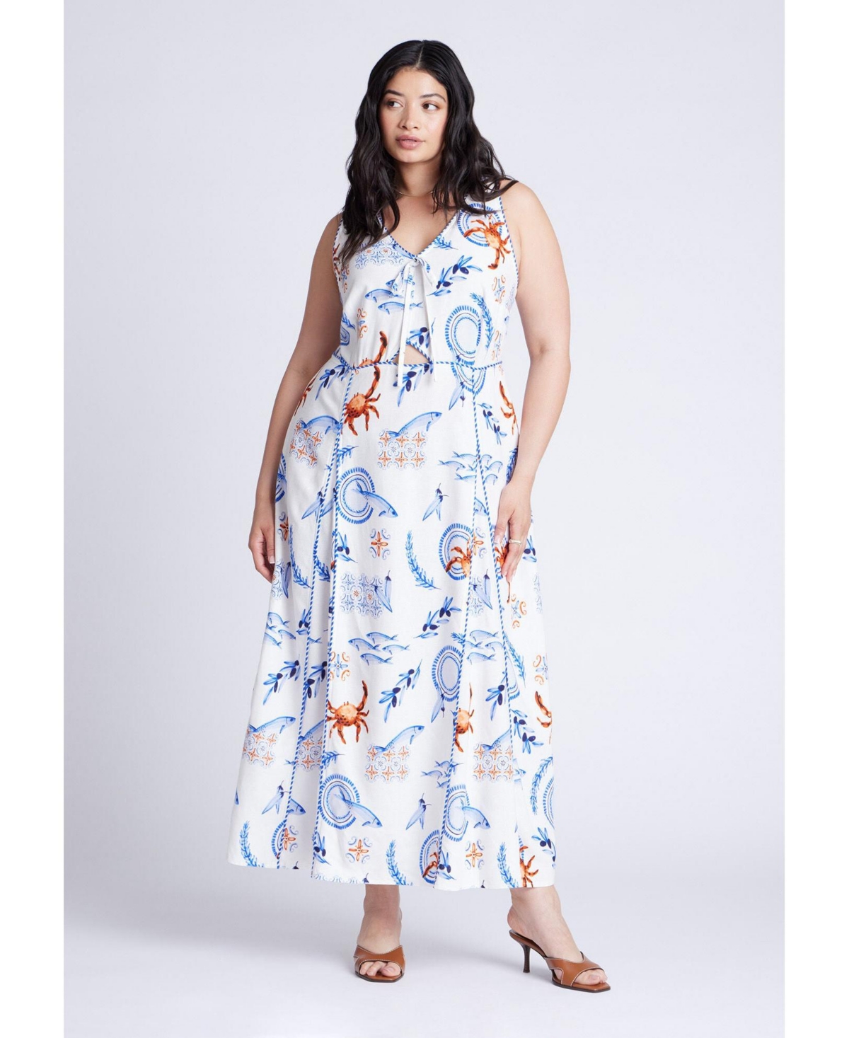 Plus Size Roping Detail Printed Maxi Dress - Seaside
