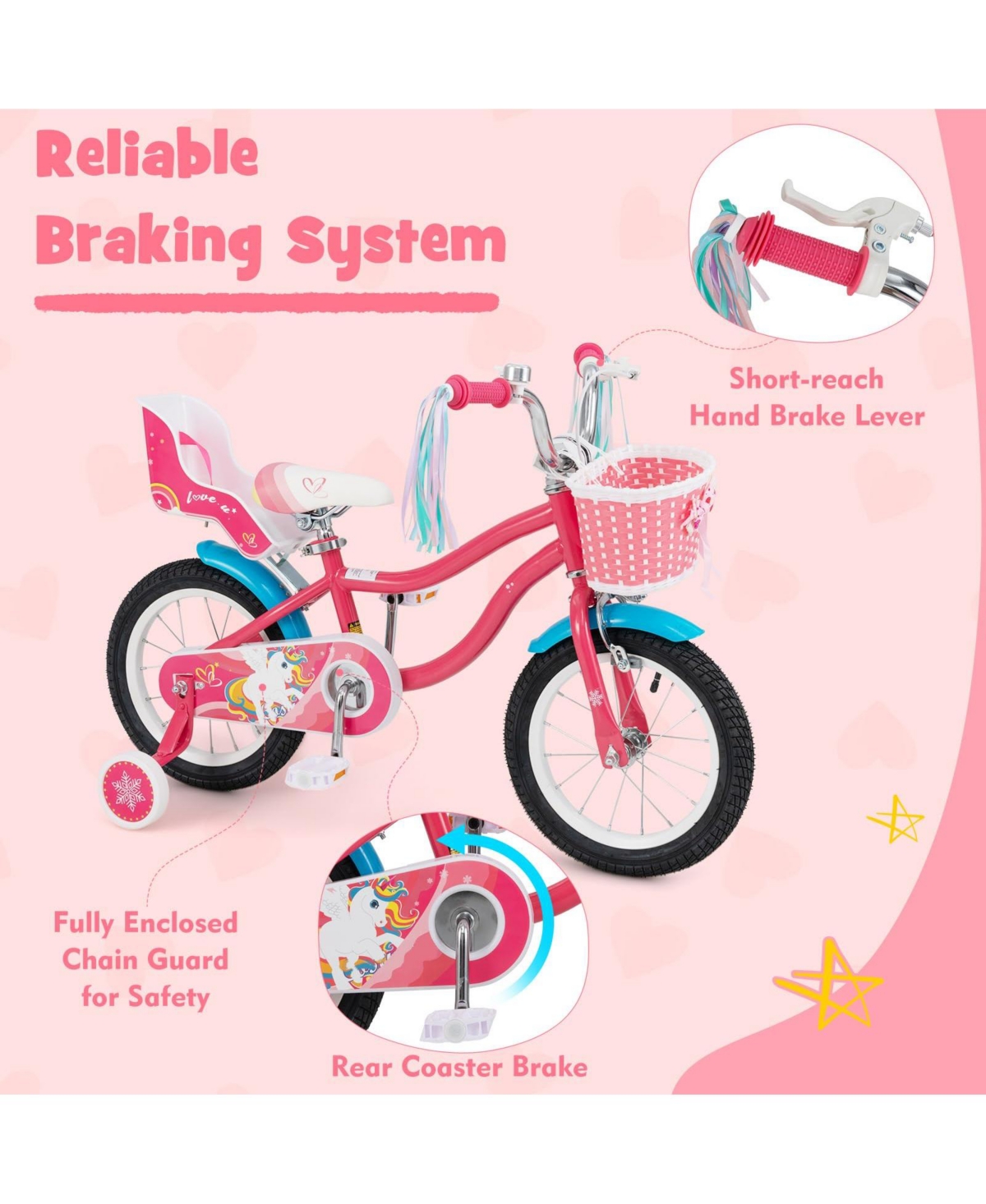 14 Inch Girls Bike for 3-8 Years Old Kids Bike with Doll Seat and Training Wheels