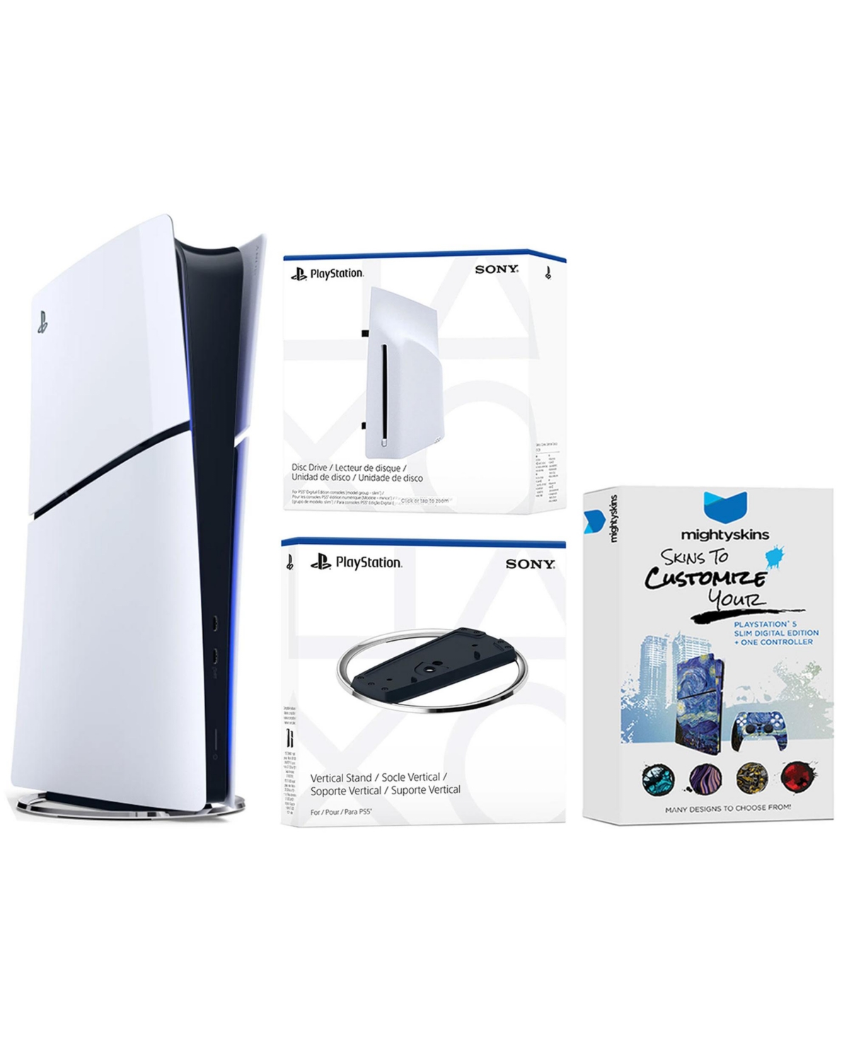 Sony PlayStation 5 Slim Digital Bundle with Disc Drive, Vertical Stand, and MightySkins Voucher - White