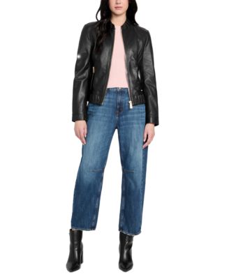 GUESS Women's Collarless Zip-Front Leather Jacket - Macy's