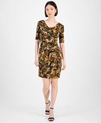 Connected - Petite Floral Draped-Neck Elbow-Sleeve Dress
