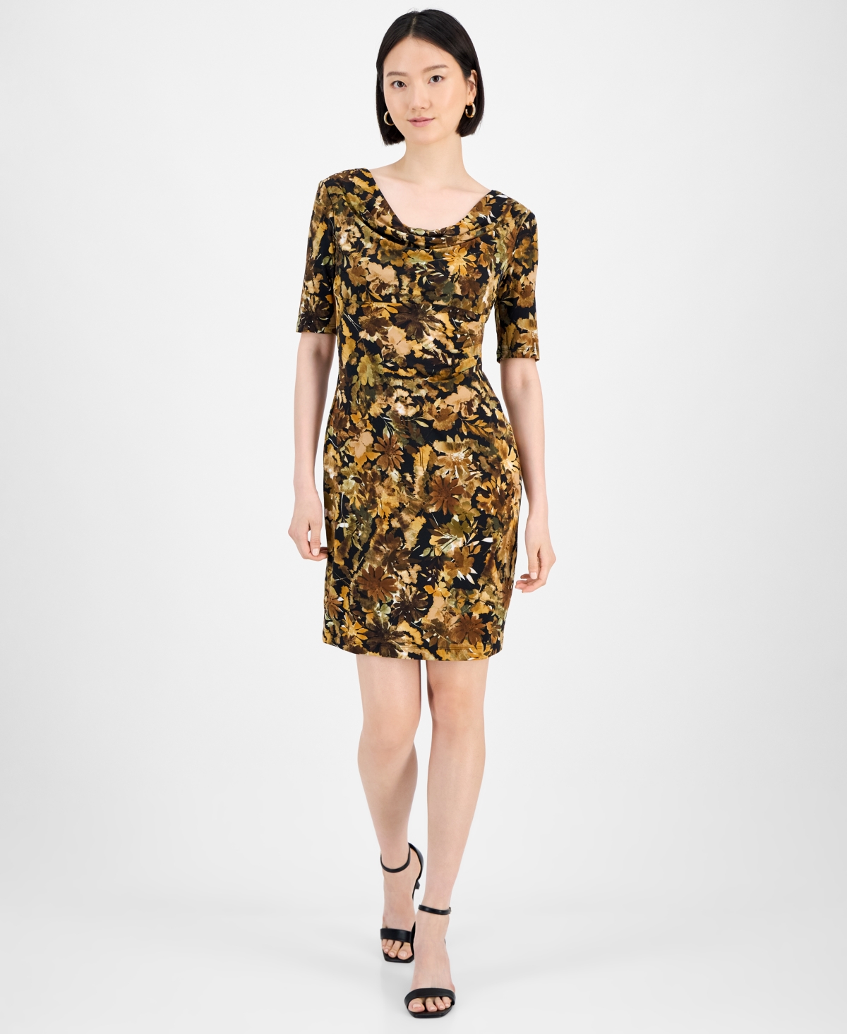 Petite Floral Draped-Neck Elbow-Sleeve Dress - Bss