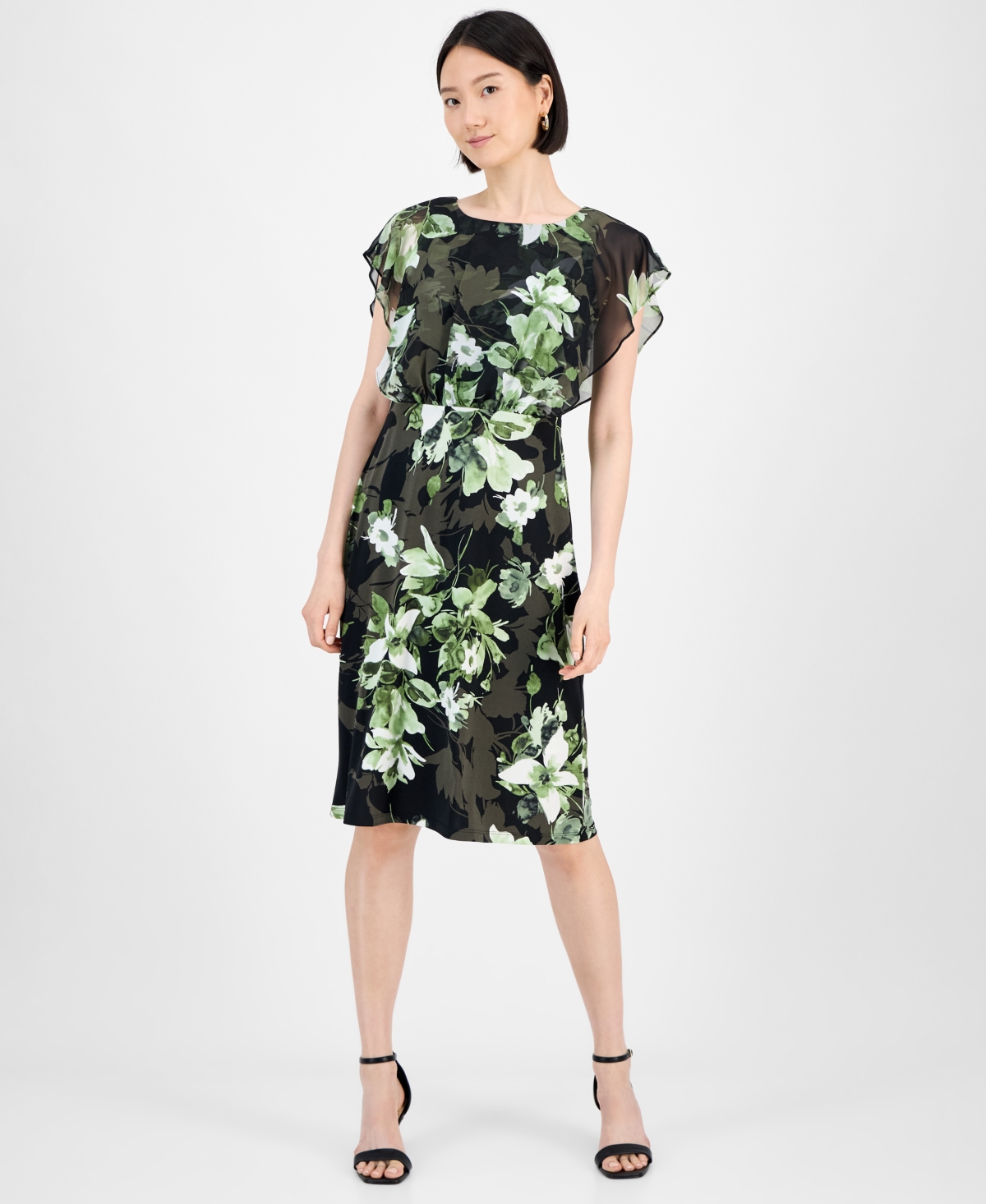 Petite Floral Bodice-Overlay Jersey Dress - Olv