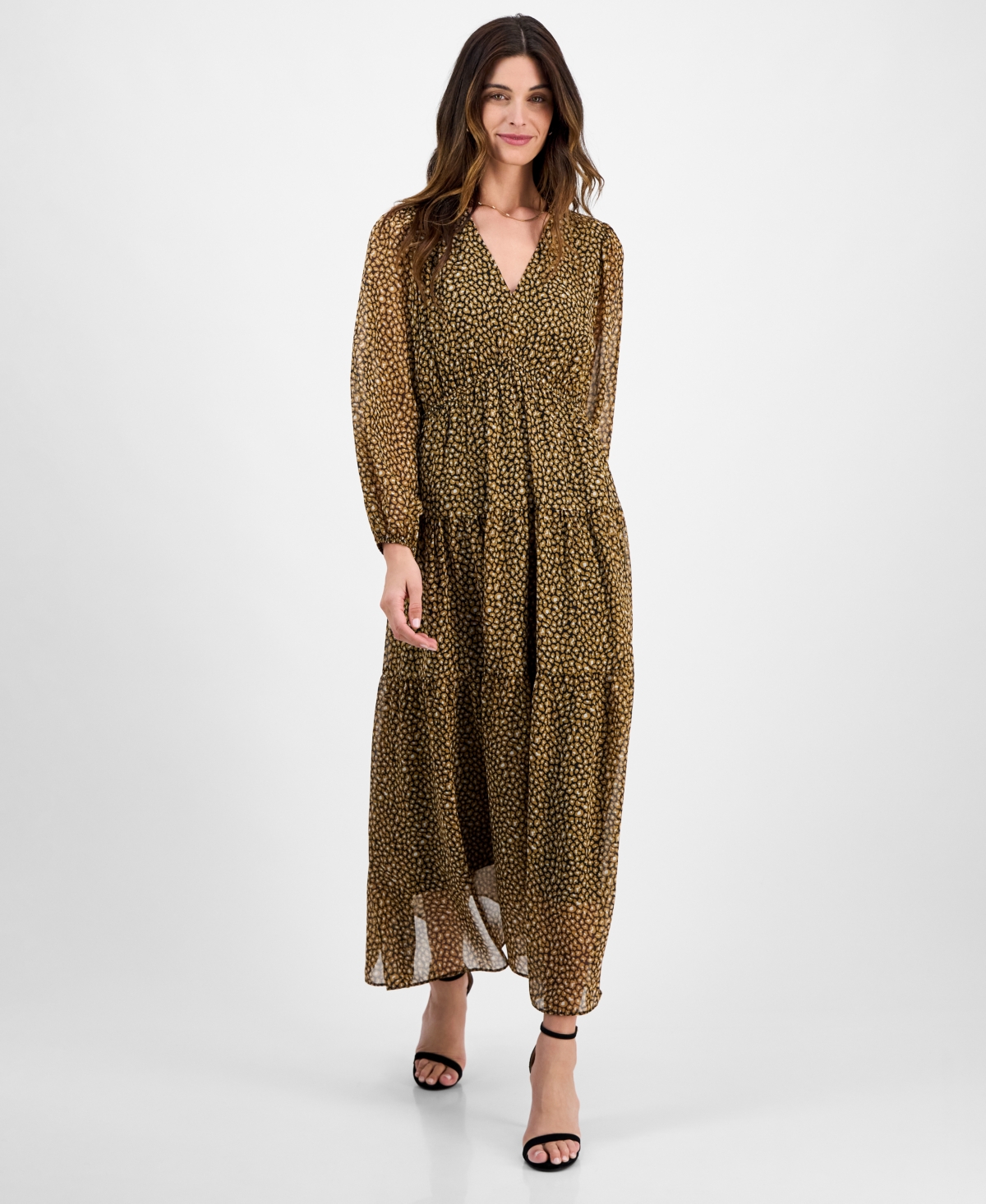 Women's V-Neck Tiered Maxi Dress - Tan/ Black