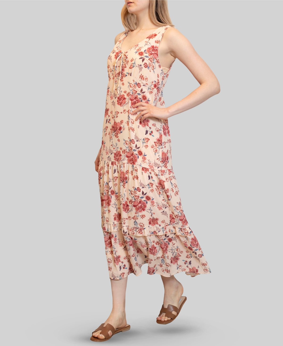 Juniors' Chiffon Printed V-Neck Sleeveless Maxi Dress - Light/Pastel Red