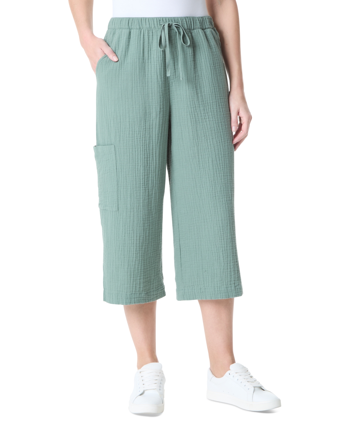 Women's High Rise Crinkled Cotton Cropped Pants - Basil Bliss