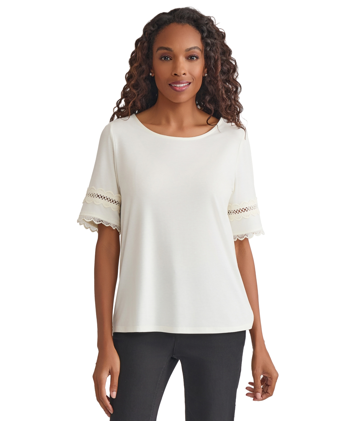 Petite Lace-Trim Elbow-Sleeve Knit Top - Jones White