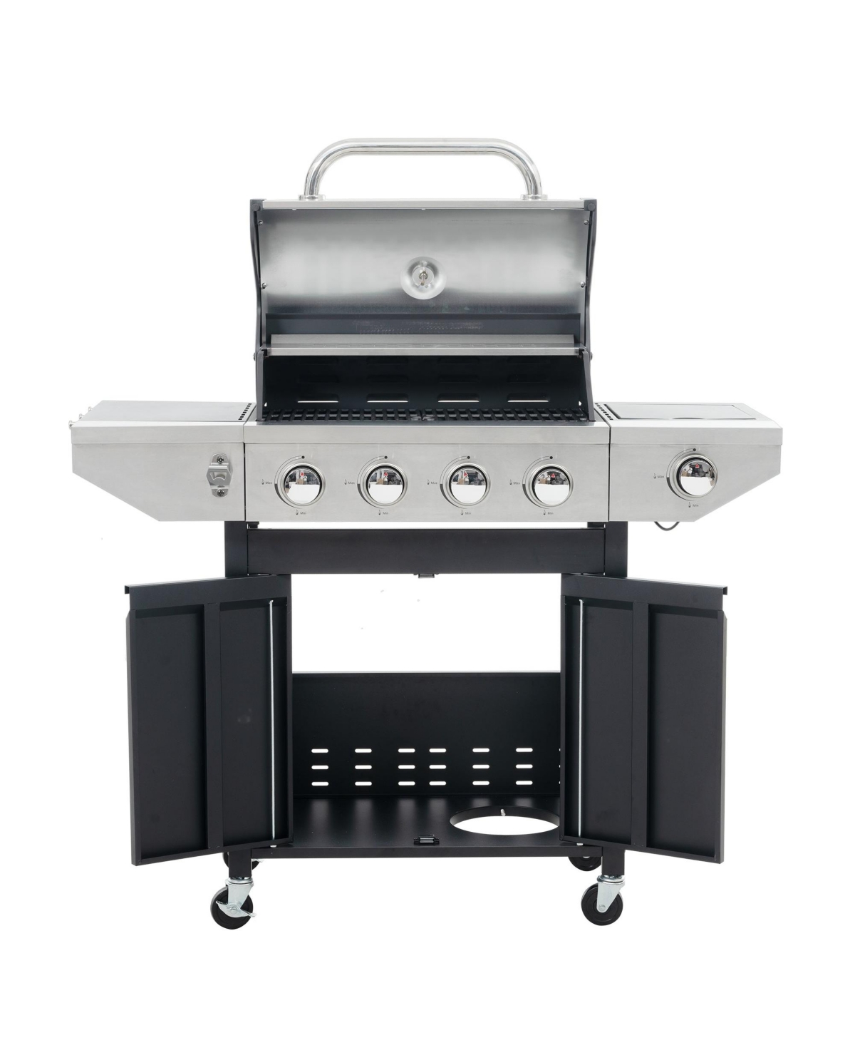 Stainless Steel 5-Burner 46,500 Btu Propane Gas Grill with Side Shelves, 4 Wheels - Black