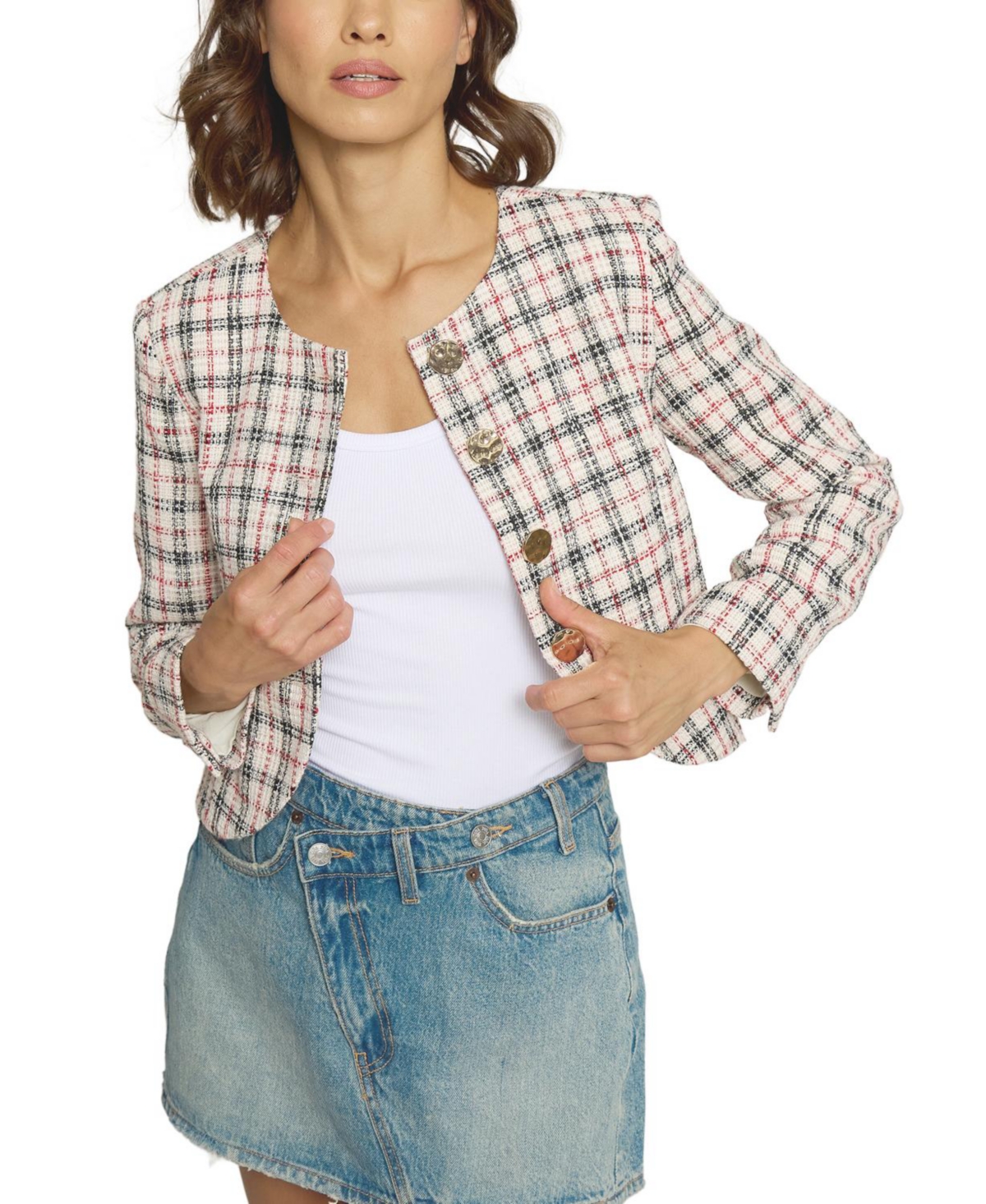 Women's Big Button Collarless Jacket - Multi