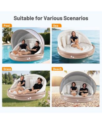 Inflatable Canopy Island Tanning Pool Lounger Float with Retractable Canopy
