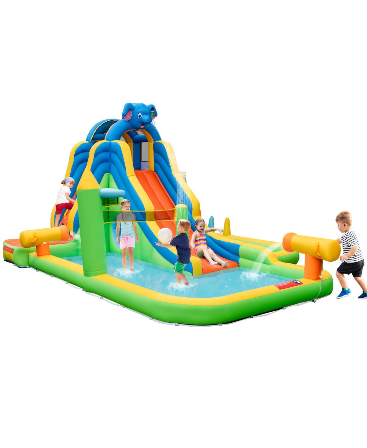 Inflatable Water Slide with Splash Pool and Climbing Wall for Oudoor Indoor without Blower - Blue