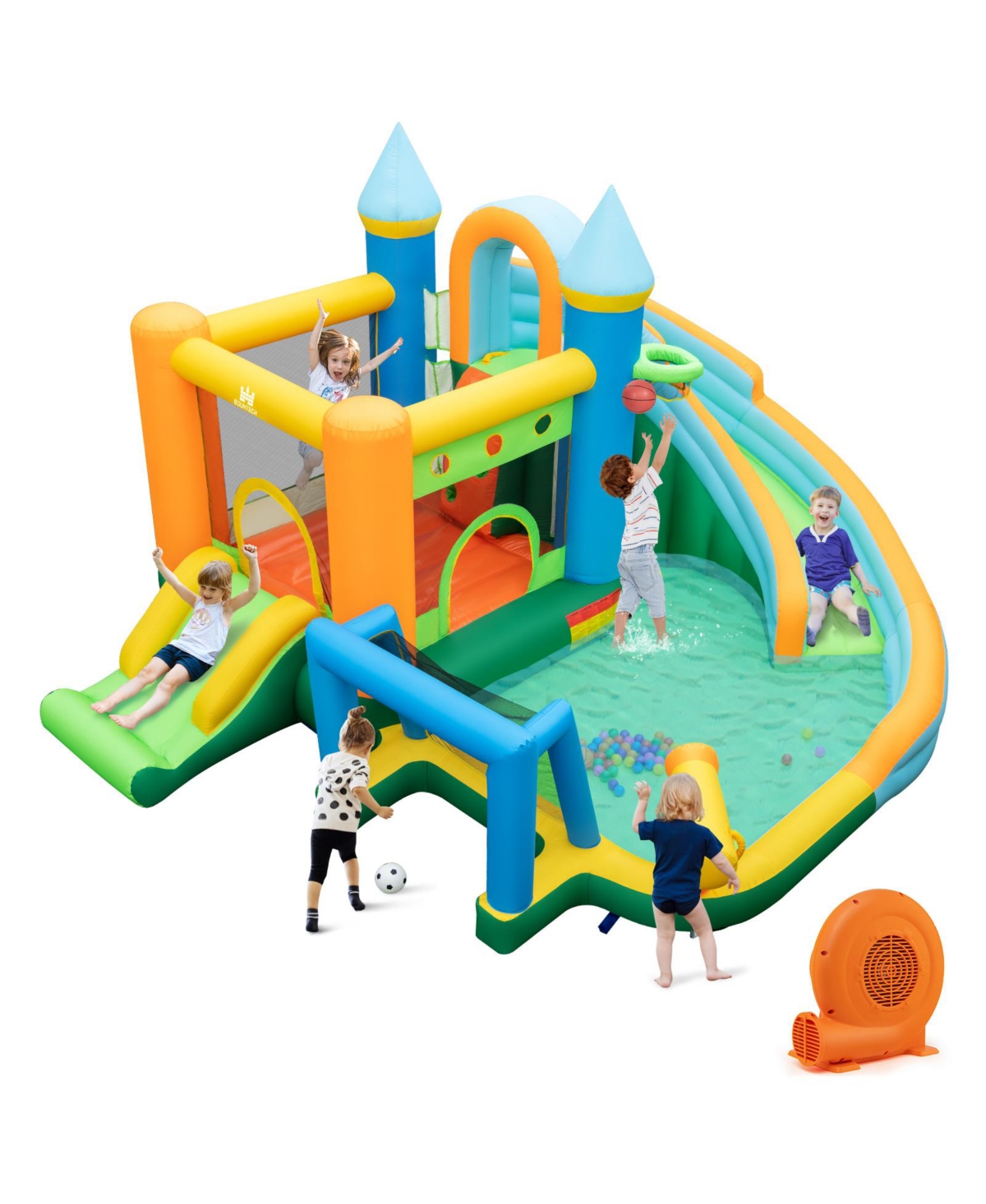 Inflatable Water Slide with Dual Slides and Splash Pool Bounce House with 680W Blower - Green