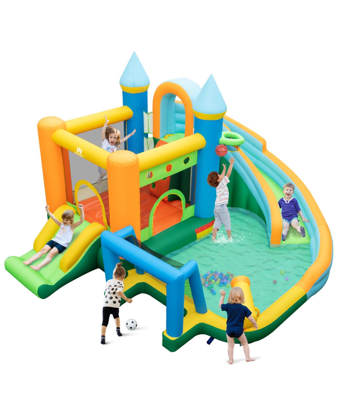 Inflatable Water Slide Blowup Bounce House with Dual Slides and Splash Pool (Without Blower) - Blue