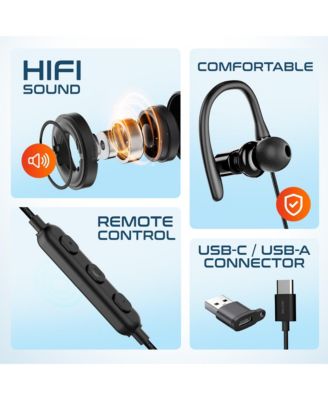 24EC Wired Earbuds with Microphone, Ergonomic In-Ear Design with USB C to USB A Adapter, Hi-Fi Stereo Sound, USB C wired earbuds for PC/Laptops/Tablets/iMac & Smartphones - Black