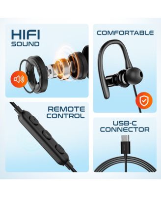 24EC USB-C Wired Earbuds with Microphone, Ergonomic In-Ear Design with Ear Hook, Hi-Fi Stereo Sound and In-Line Remote Control, USB C Earphone for PC/Laptops/Tablets/iMac & Smartphones - Black