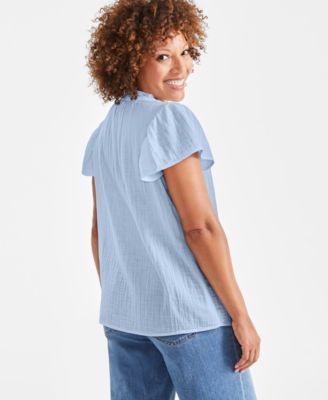 Petite Cotton Flutter-Sleeve Ruffle Top, Created for Macy's 