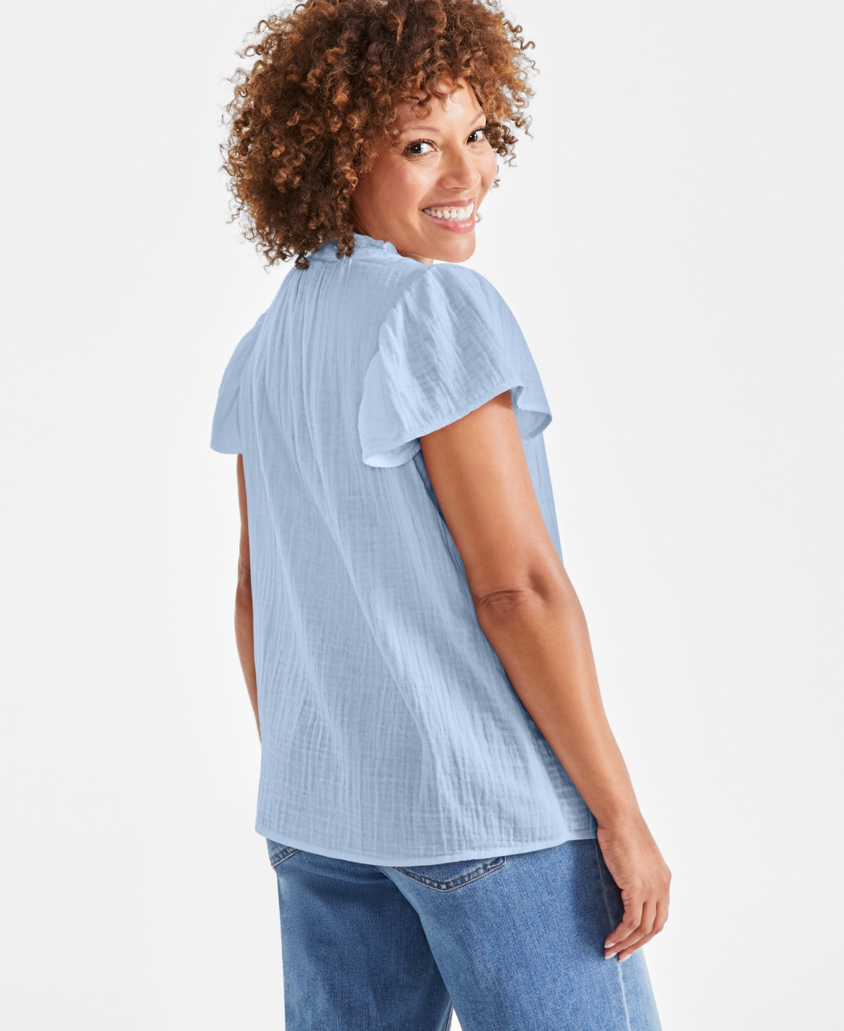 Style & Co Petite Cotton Flutter-sleeve Ruffle Top, Created For Macy's In Brown