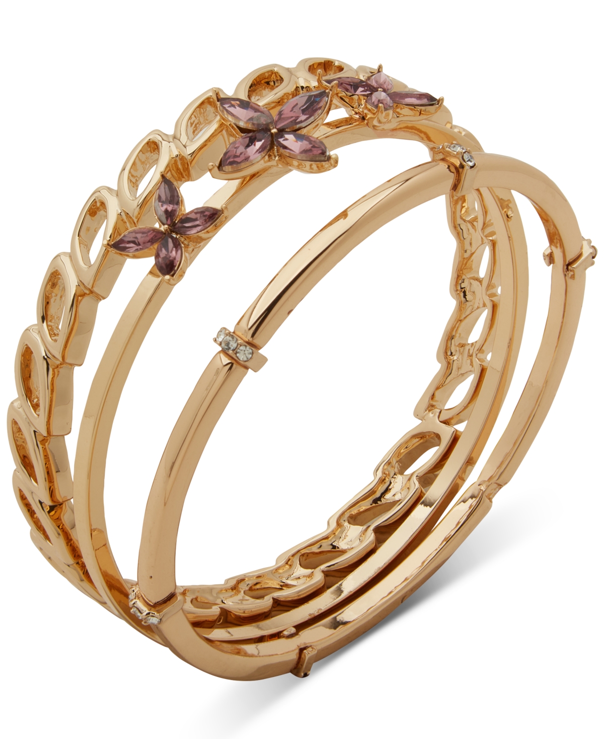 Gold-Tone 3-Pc. Set Flower Bangle Bracelet - Darkpurple