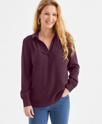 Style & Co - Petite Johnny-Collar Long-Sleeve Top