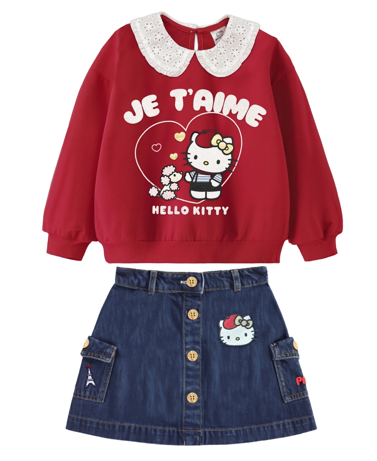 Hello Kitty Toddler And Little Girls 2-piece Top And Denim Skirt Set In Red