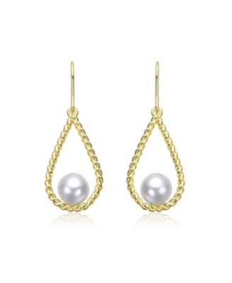 14K Gold Plated with White Pearl Twisted Teardrop Dangle Earrings