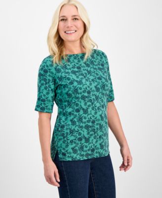 Style & Co - Petite Floral-Print Elbow-Sleeve Boat-Neck Top