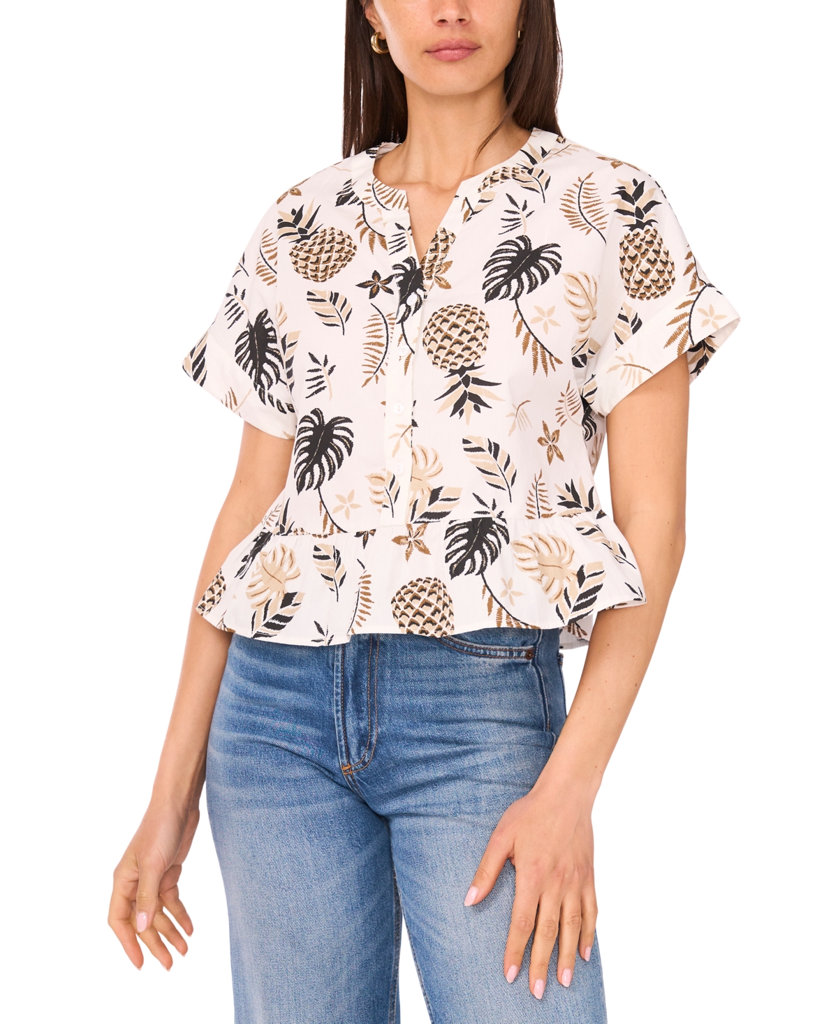 Women's Printed Cotton Peplum Shirt - Sesame