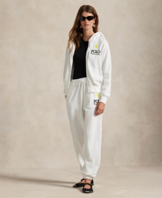 Polo Ralph Lauren Womens Big Pony Lightweight Fleece Zip Hoodie Sweatshirt Sweatpants In White