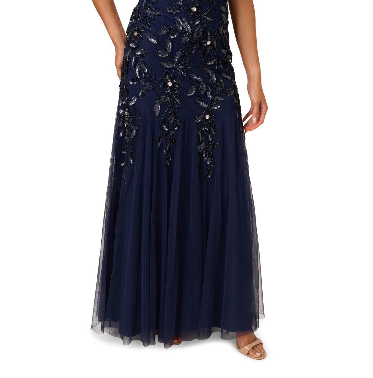 Adrianna Papell Floral Embroidered Beaded Trumpet Gown In Blue