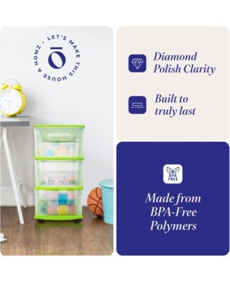 Plastic 3 Drawer Medium Storage Container Tower, Clear Drawers/Lime Frame