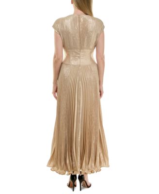 Women's Metallic V-Neck Cap-Sleeve Pleated Gown