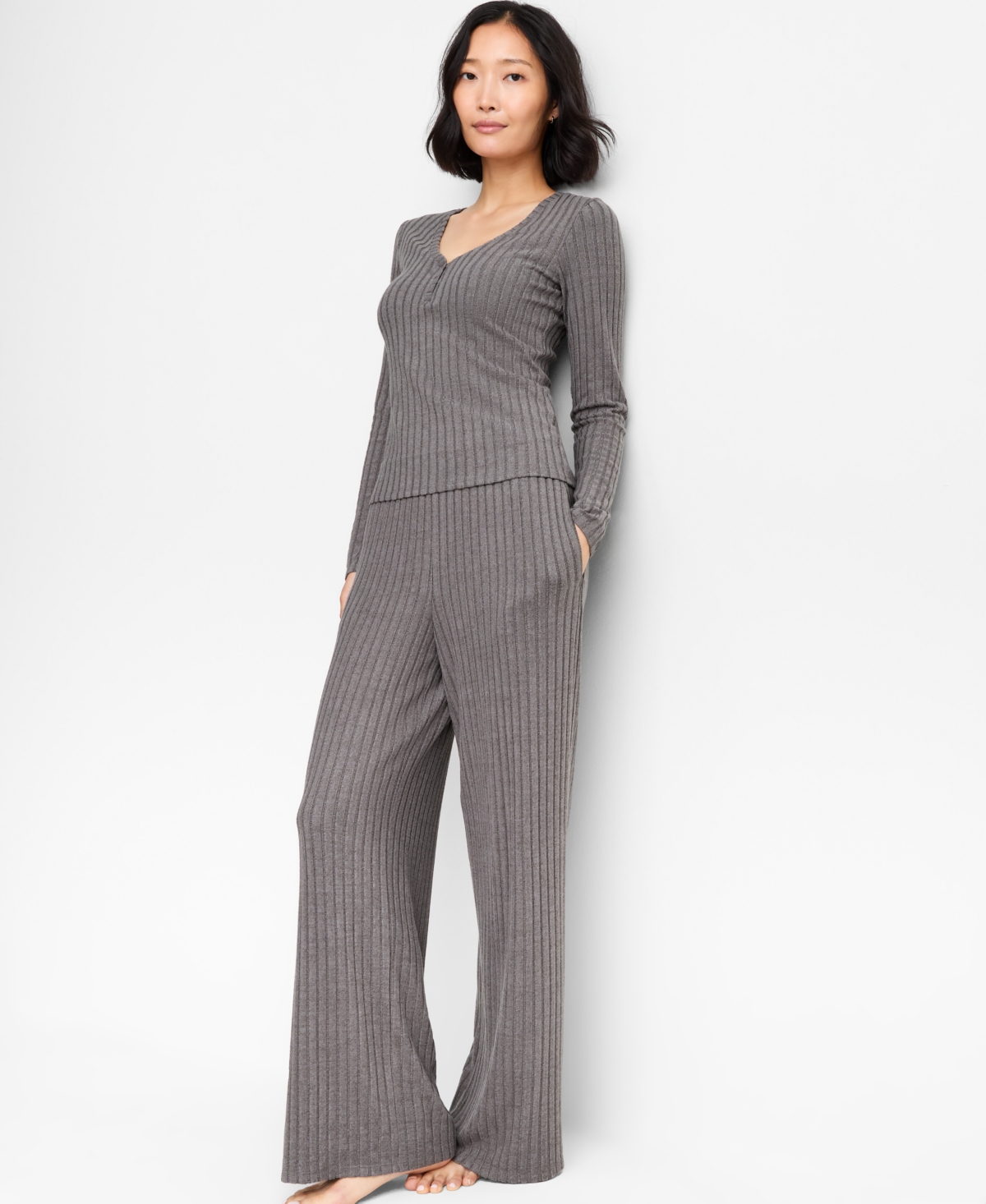 State Of Day Women's Soft Rib-knit Pajama Set, Xs-3x, Macy's Exclusive In Gray