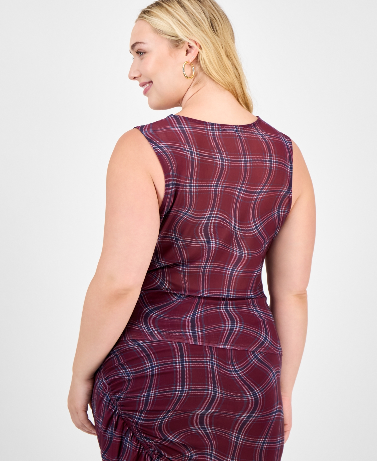 Bar Iii Trendy Plus Plaid Asymmetric Ruching Top Skirt Macys Exclusive In Multi