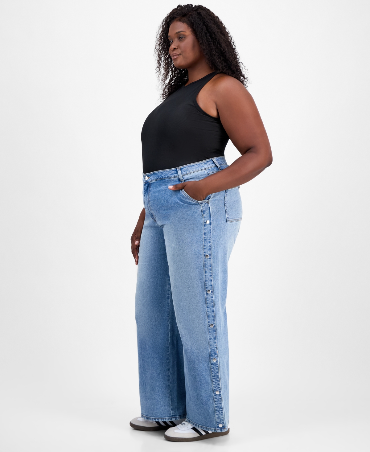 Bar Iii Trendy Plus Size Snap Track Jeans, Macy's Exclusive In Blue
