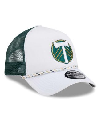 Men's White/Green Portland Timbers Court Sport Foam A-Frame 9FORTY Adjustable Trucker Hat