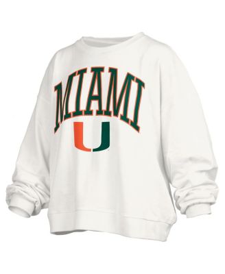 Women's White Miami Hurricanes Janise Arch Over Logo Waist Length Oversized Pullover Sweatshirt