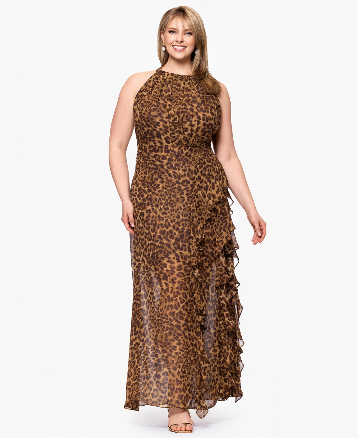 Plus Size Printed Halter Long Sheath Dress - Brown Multi
