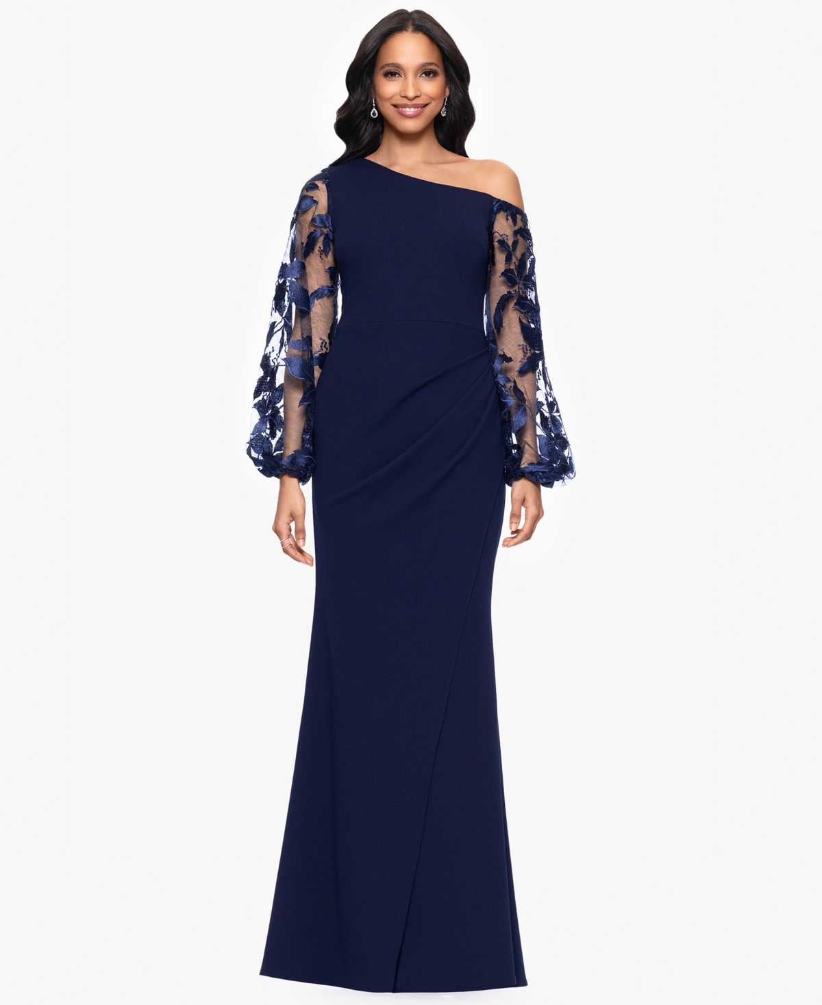 Petites Scuba Crepe Asymmetrical-Neck Long Dress - Navy