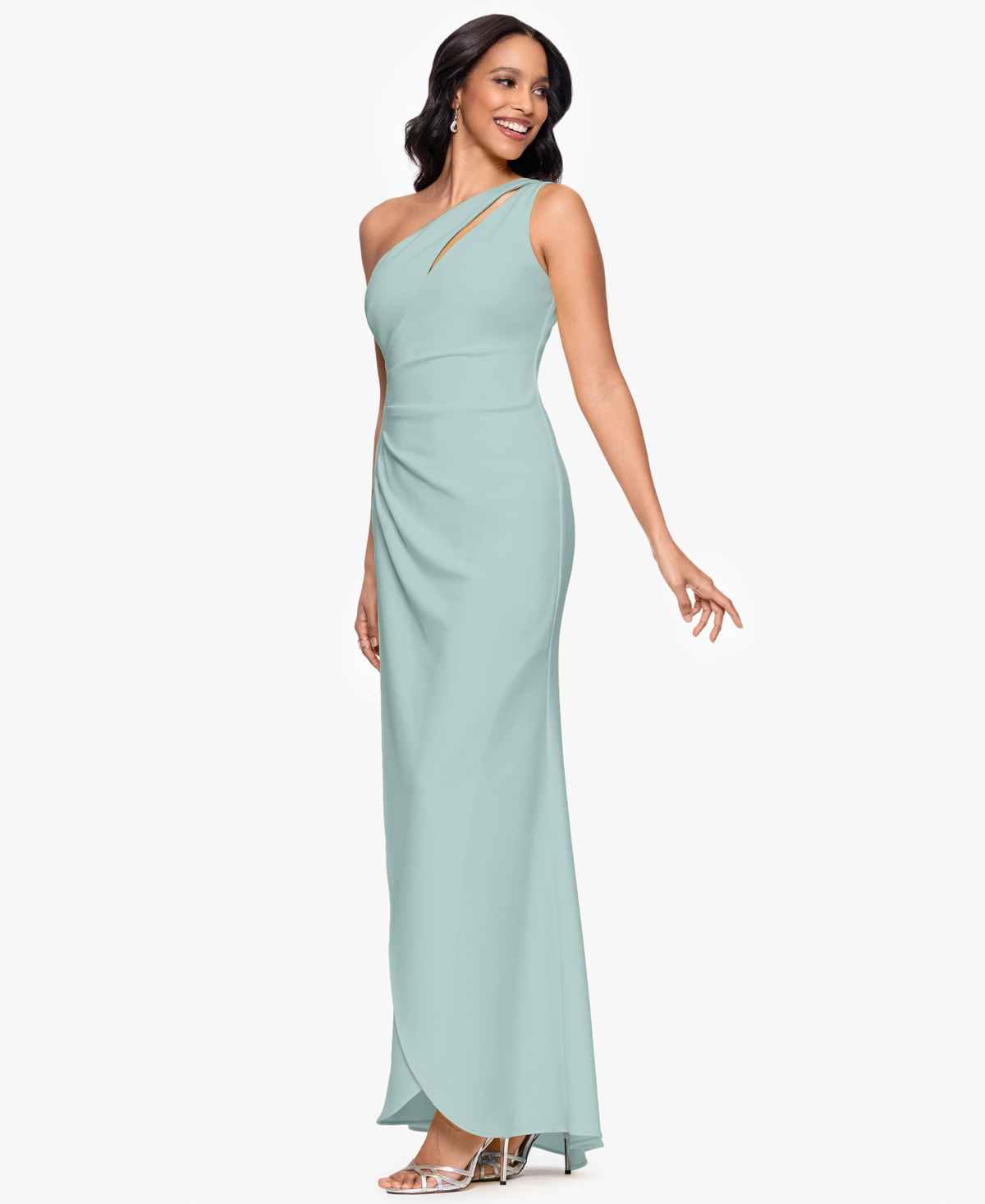 Betsy & Adam Petite One-shoulder Ruched Gown In Blue