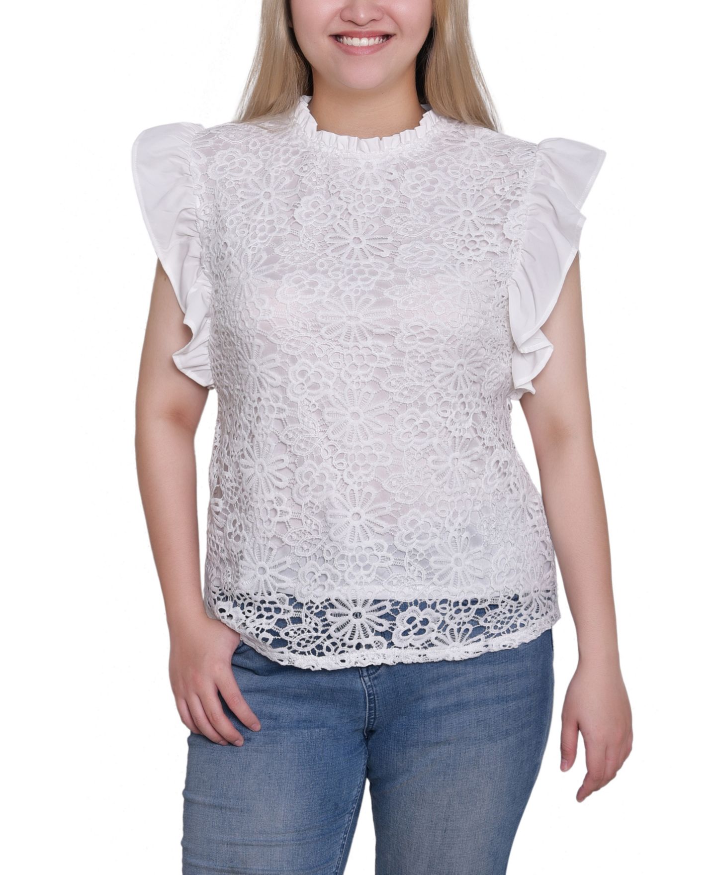 Женский топ NY Collection Petite Flutter Sleeve Lace, цвет: Белый — фото 1